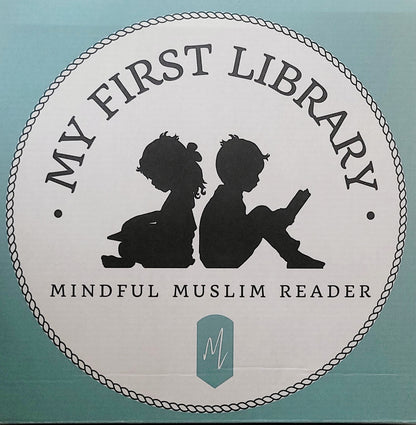 Logo for 'My First Library Mindful Muslim Reader' with silhouettes of two children on a teal background.