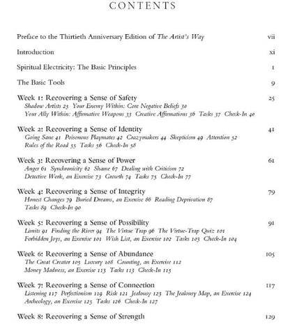 Table of contents for a book or program titled 'The Artist's Way' with chapter headings and page numbers.