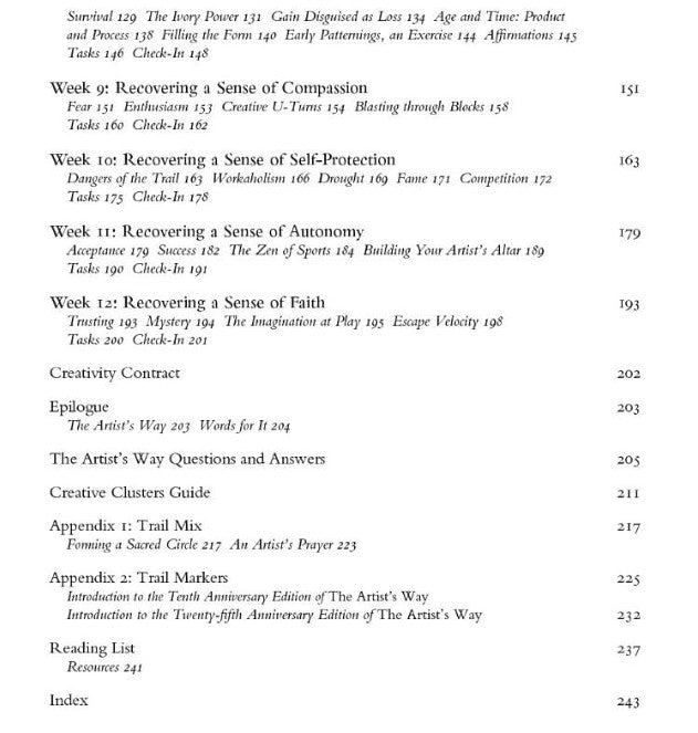 Table of contents for a book or document on 'The Artist's Way' with chapter titles and page numbers.
