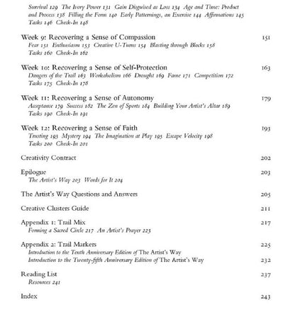 Table of contents for a book or document on 'The Artist's Way' with chapter titles and page numbers.